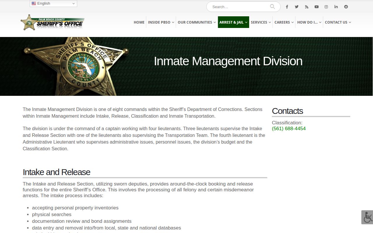 Palm Beach County Sheriff Inmate Management Bureau information page